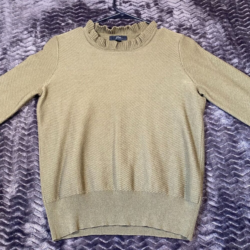 J.Crew Olive Green Ruffle Neck Sweater Ribbed Knit pullover,womens size XS